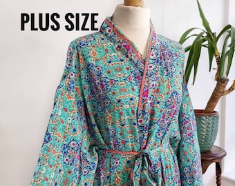 Plus Size Boho Kimono Regal House Robe - Luxury Lounge Digital Print Flowy Gown | Aqua Green Blue Persian Mandala Oriental  Duster Beach