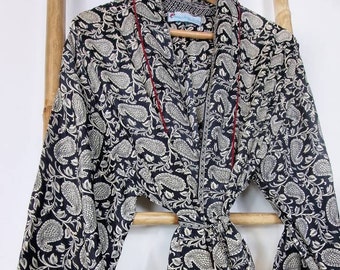 Men's Silk Boho Kimonos Urban Lover Man House Beach Artist Robe Paisley Fantasy Regal Monochrome | Midnight Black White Red Christmas Vibe