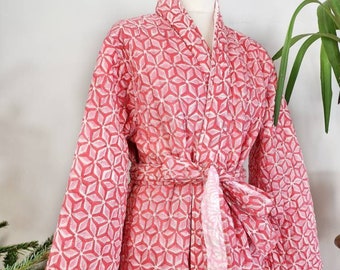 Quilted Unisex Pure Cotton Reversible Long Autumn Winter Dressing Kimono Robe Boho Indian Blockprint Pink White  Geometric Mandala Floral