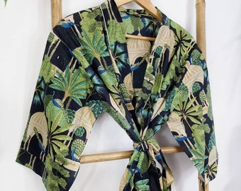 Men’s Cotton Funky House  Blue Robe Kimono Tribal Boho Festival Black Green Peacock Cool Dad Gift Father Husband | Quirky Bohemian Vibe