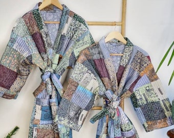 Quilted Unisex Silk Cotton Reversible Patchwork Long Length Autumn Winter Dressing Robe Boho Indian Blockprint Steel Grey Blue Mughal Bloom