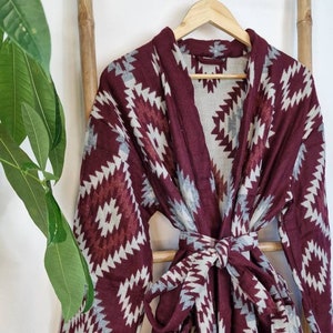 Unisex Yak Wool Blend Floral Kimono/Robe | Regal Urban Marsala Wine Burgundy Geometric Diamonds Aztec Print | Cosy Winter Christmas Gift