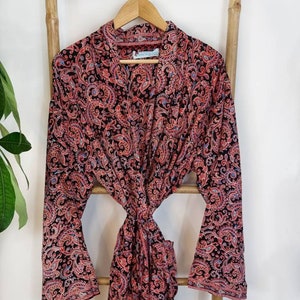 Men&#39;s Silky Boho Kimonos Man House Beach Artist Robe - Black Red Paisley Tribal Nomad Quirky Romance | Gift Holiday Christmas Vibe Vacation