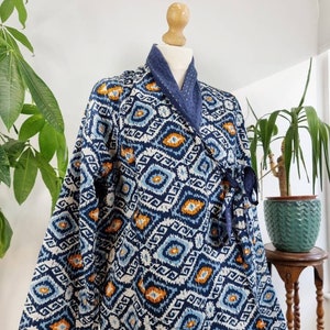 Kantha Reversible Short Length Spring Bolero Bohemian Melange Artist Front Tie Open Jacket | Quirky Blue Ikat Wave Japanese Oriental Art