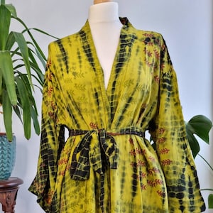 Recycled Crepe Silk Tie Dye Sari Boho Kimonos Regal House Lime Green Yellow Spring Summer Artistic Duster Beach Coverup