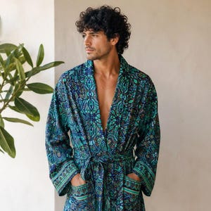 Men's Silk Boho Kimonos Man House Beach Artist Robe- Digital Turquoise Aqua Sea Wonder