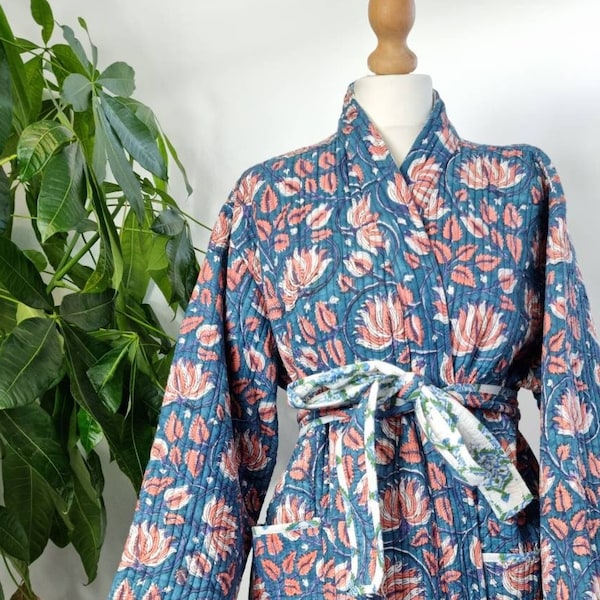 Quilted Unisex Pure Cotton Reversible Short Length Handblock Winter Dressing Kimono Robe Boho White Aqua Green Persian Blue Lotus | UK 10-14