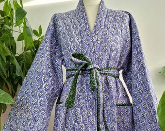 Quilted Unisex Pure Cotton Reversible Short Length Winter Dressing Kimono Robe Boho Lavender Periwinkle Purple Rich Green Bandhini UK 8-12