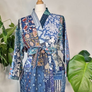 Kantha Cotton Long Reversible Kimono Jacket Unisex Robe Handmade Sustainable Eco-fashion White Blue Indigo  Handblock Patchwork