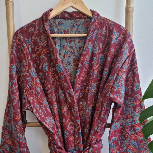 Paisley Unisex Yak Wool Blend Floral Kimono/Robe – Regal Marron Deep Red Turquoise