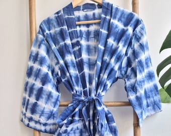 Men’s Cotton Handprinted House Robe Kimono - Regal Indigo Blue White Stripes