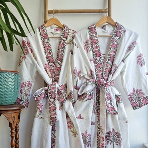 Pure Waffle Cotton Handprinted House Bath Robe Summer Kimono | Floral Spa Beach Coverup | Spring Pastel White Pink Tree Bloom English Garden
