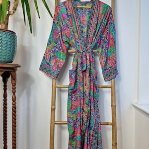 New Silky Sari Boho Kimono Regal House Robe Luxury Lounge Digital Print Flowy Gown Quirky Colourful Aqua Blue Pink Paisley Persian Holiday image 5