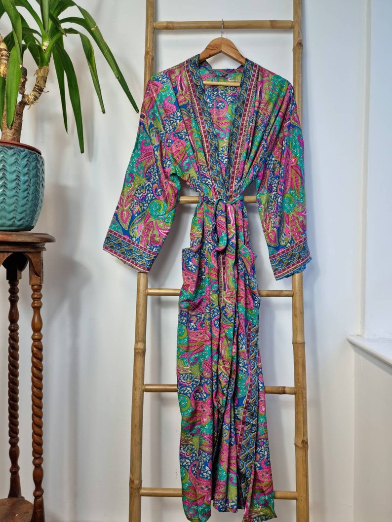 New Silky Sari Boho Kimono Regal House Robe Luxury Lounge Digital Print Flowy Gown Quirky Colourful Aqua Blue Pink Paisley Persian Holiday image 5