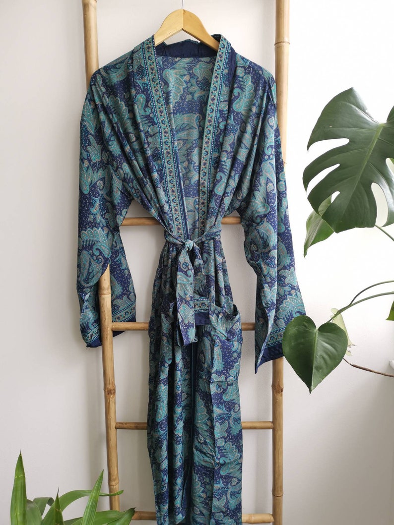 Men's Silk Boho Kimonos Man House Beach Artist Robe Navy Paisley Regal Romance image 3