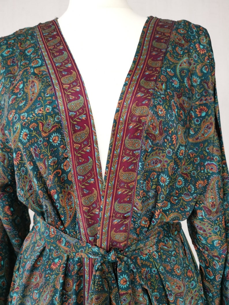 New Silk Sari Boho Kimono Regal House Robe Luxury Lounge Digital Print Flowy Gown Regal Green Red Paisley Floral Duster Beach Coverup image 4