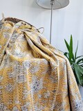 Kantha Stitch Pure Cotton Reversible Bed/Sofa Throw King Size Handmade Floral Indian Dohar Elegant Pastel Mustard Yellow Botanical Bloom