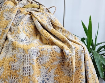 Kantha Stitch Pure Cotton Reversible Bed/Sofa Throw King Size Handmade Floral Indian Dohar Elegant Pastel Mustard Yellow Botanical Bloom
