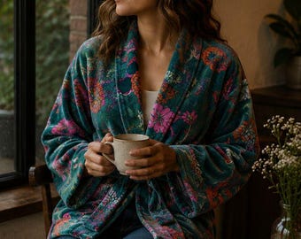 Lyxig sammet Boho Quirky Blommig Lager Middagschic Kappa Bomberjacka Bolero Höst Vinter Julklapp | Elegant Royal Smaragdgrön