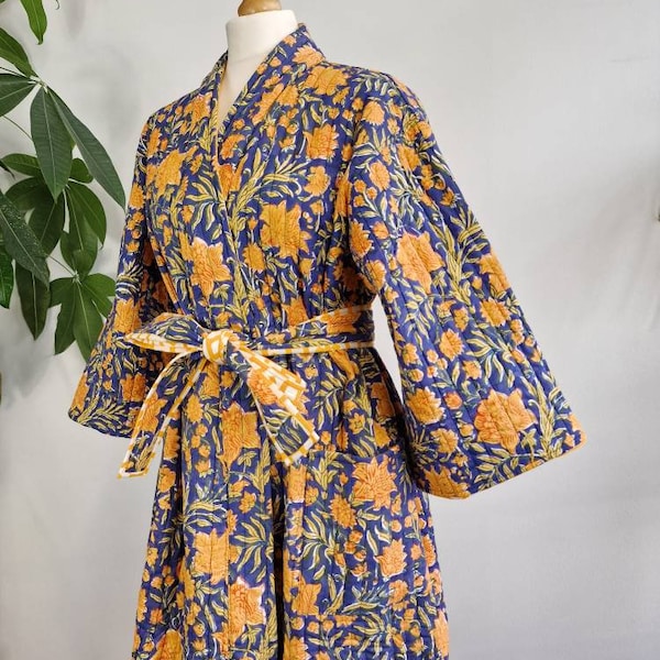 Quilted Unisex Pure Cotton Reversible Long Autumn Winter Dressing Kimono Robe Boho Blockprint Classic Blue Yellow Floral Gardenia Checks
