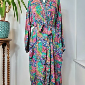 New Silky Sari Boho Kimono Regal House Robe Luxury Lounge Digital Print Flowy Gown Quirky Colourful Aqua Blue Pink Paisley Persian Holiday image 4