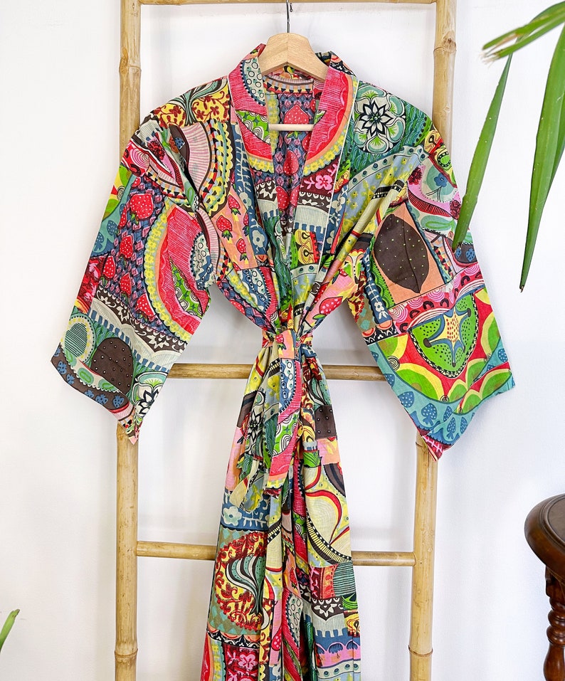 Colourful Robe Pure Cotton Handprinted House Robe Summer Kimono | Floral Beach ...