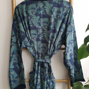 Men's Silk Boho Kimonos Man House Beach Artist Robe Navy Paisley Regal Romance image 6