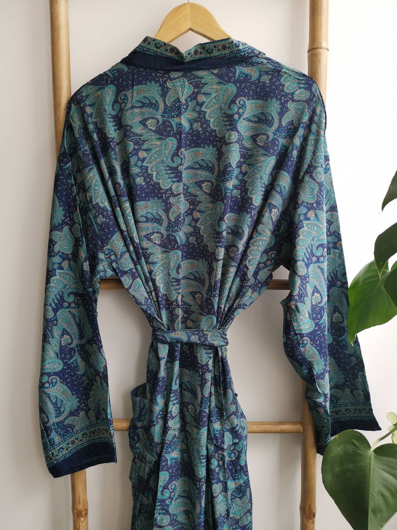 Men's Silk Boho Kimonos Man House Beach Artist Robe Navy Paisley Regal Romance image 6