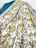 Kantha Stitch Pure Cotton Reversible Bed/Sofa Throw King Size | Handmade HandPrint Floral Dohar | White Olive Green Waterlily Garden Stripe
