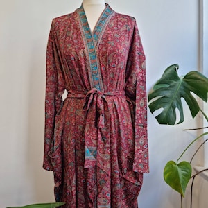 New Silk Sari Boho Kimono Regal House Robe Luxury Lounge Digital Print Flowy Gown Regal Red Green Paisley Floral Romance Duster Coverup image 5