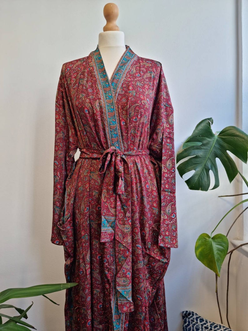 New Silk Sari Boho Kimono Regal House Robe Luxury Lounge Digital Print Flowy Gown Regal Red Green Paisley Floral Romance Duster Coverup image 5