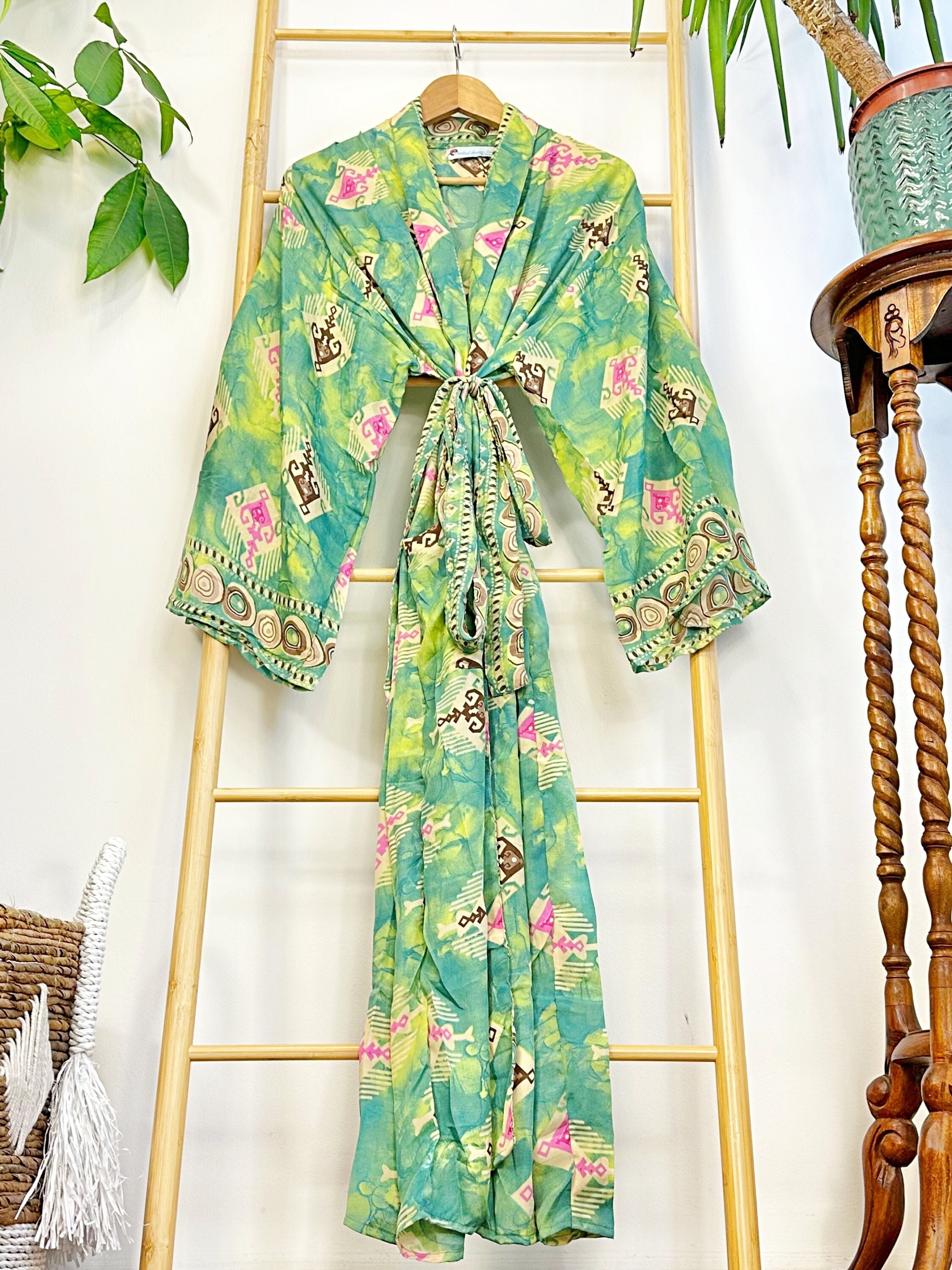 Men's Luxury Silky Blend Boho Kimono Haori House Beach Artist Dressing ...