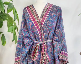 New Silky Sari Boho Kimono Regal House Robe Luxury Lounge Digital Print Flowy Dressing Gown | Persian Teal Blue Pink Purple Floral Duster