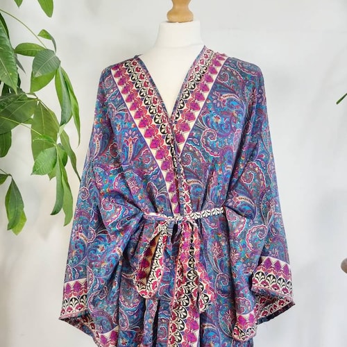 New Silk Sari Boho Kimono Regal House Robe Luxury Lounge Flowy - Etsy