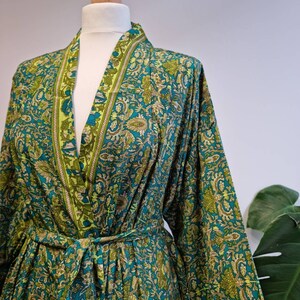 New Silky Sari Boho Kimono Regal House Robe - Luxury Lounge Digital Print Flowy Gown | Persian Aqua Turquoise Lime | Floral Oriental Duster