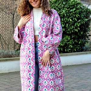 Quilted Unisex Pure Cotton Reversible Long Length Autumn Winter Dressing Robe Boho Handprint Indian Block Pink Purple Ikat Paisley Dream