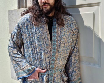 Mélange de soie Boho Kimonos Homme Femme Maison Plage Artiste Robe Son et le sien/Le sien et son Océan Pastel Élégant Bleu Beige Amoureux de la Nature | Ensemble de Couple