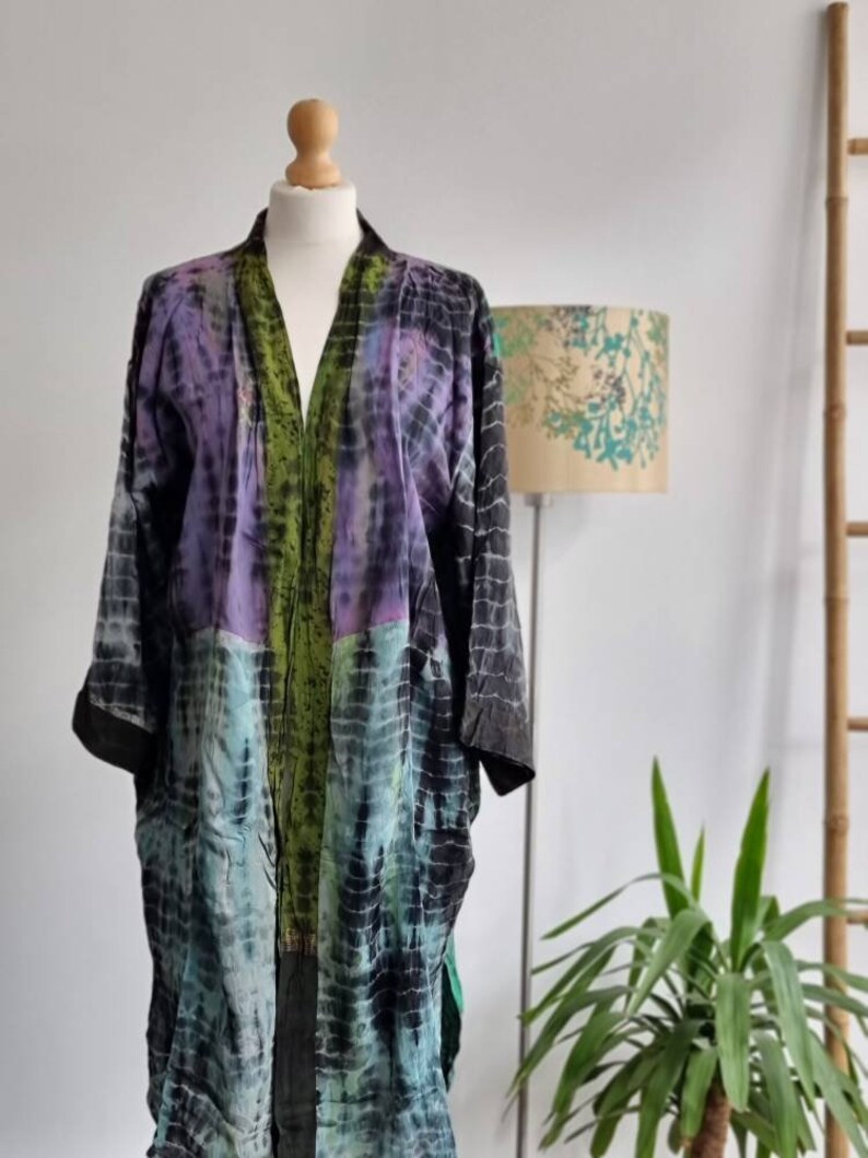 Recycled Crepe Silk Tie Dye Sari Boho Kimonos Regal House Robe Purple Green Aqua Embroidered Spring Summer Artistic Duster Beach Coverup