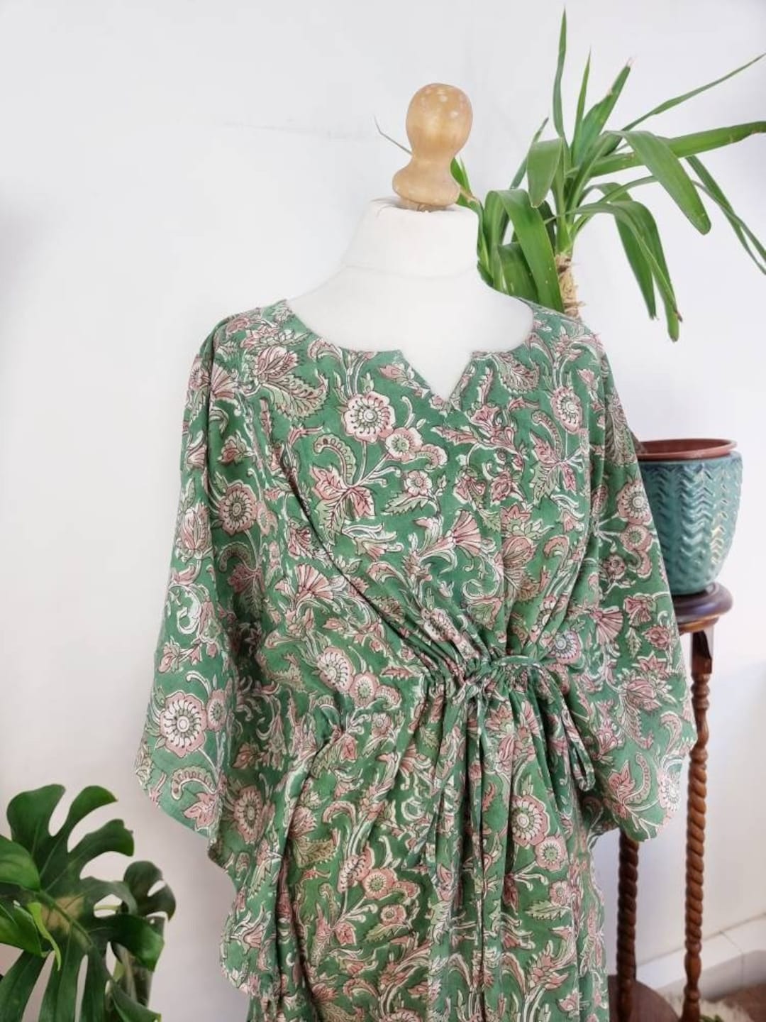 Pure Cotton Kaftan Short Dress Indian Block Printed Summer Kimono