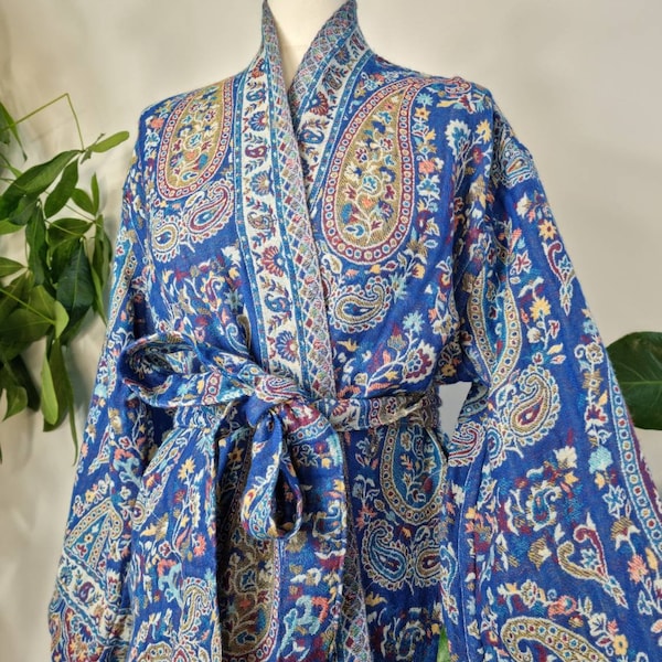 Luxury Pure Merino Boiled Wool Unisex Paisley Floral Kimono Jacket Robe | Persian Oriental Royal Blue Paisley Dream | Valentine Love Gift