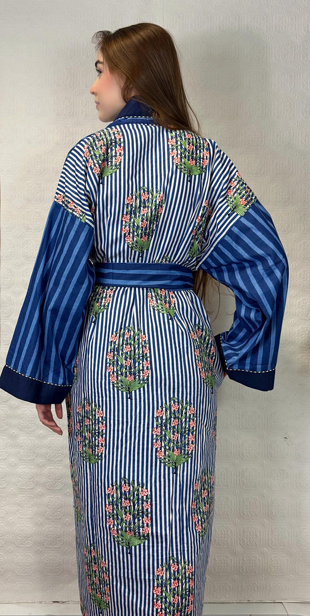 Pure Cotton Handprinted House Robe Tropical Kimono - Chunky Stripe ...