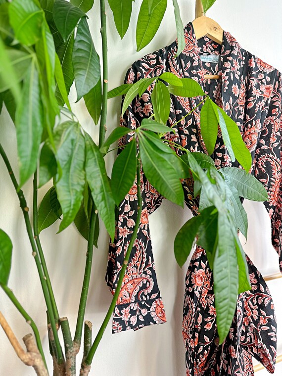 Mens Cotton Handprinted House Robe Kimono Regal Paisley Midnight Black Orange  Peach Paisley Persian Garden -  UK