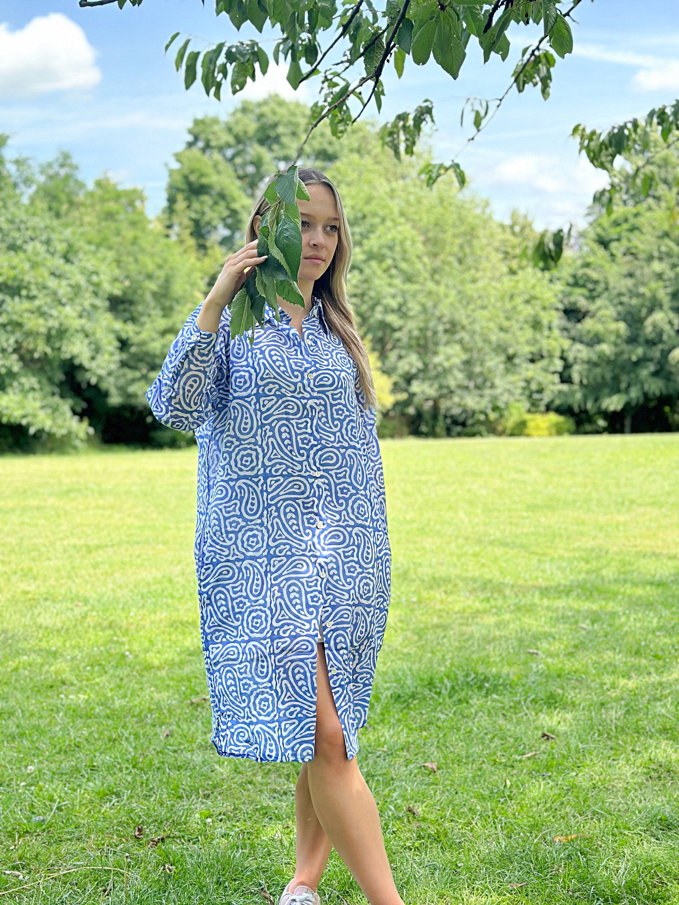 Pure Cotton Knee Length Shirt Dress Indian Block Print Boho Colourful Summer Earthy Casual Comfy Daywear Soft Blue Green Leaf White Paisley Pure Cotton Knee Length Shirt Dress Indian Block Print Boho Colourful Summer Earthy Casual Comfy Daywear Soft Blue Green Leaf White Paisley