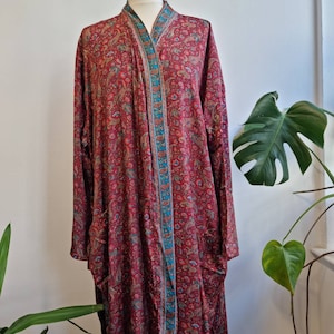 New Silk Sari Boho Kimono Regal House Robe Luxury Lounge Digital Print Flowy Gown Regal Red Green Paisley Floral Romance Duster Coverup image 8
