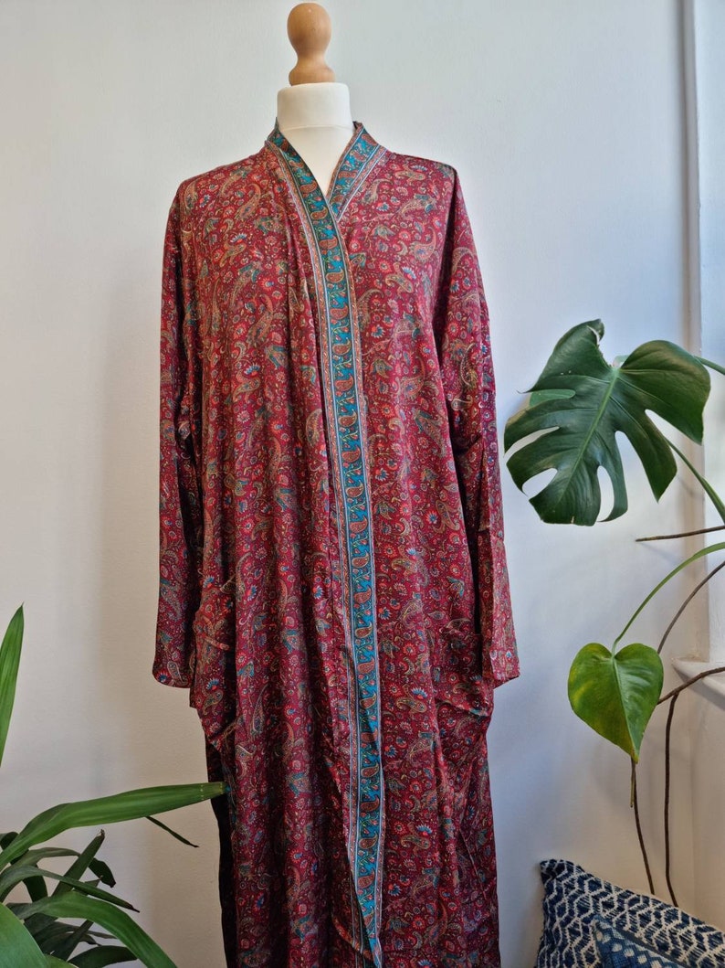 New Silk Sari Boho Kimono Regal House Robe Luxury Lounge Digital Print Flowy Gown Regal Red Green Paisley Floral Romance Duster Coverup image 8