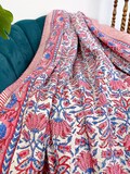 Kantha Stitch Pure Cotton Reversible Bed/Sofa Throw King Size | Handmade HandPrint Floral Dohar | White Pink Blue Lotus Garden Bloom Stripe