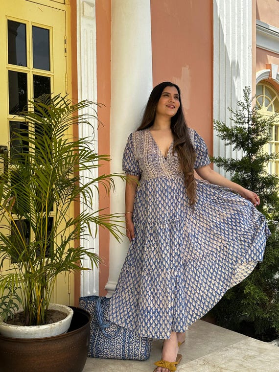white christmas dresses Block Printed Cotton Maxi Dress Rose – The Guild main image 0