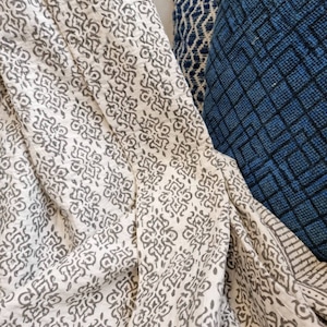 Kantha Stitch Pure Cotton Reversible Bed/Sofa Throw King Size | Handmade HandPrinted Floral Dohar | Elegant White Grey Tribal Motif Stripe