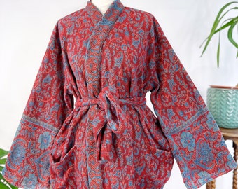 Paisley Unisex Yak Wool Blend Floral Kimono/Robe – Regal Marron Deep Red Turquoise Rose Garden