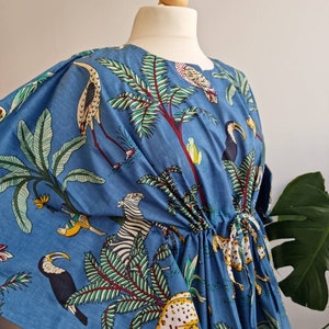 Pure Cotton Kaftan Long Dress Indian Block print Summer Kimono Floral Beach Coverup/Comfy Maternity Spring Jungle Safari Animal Denim Blue